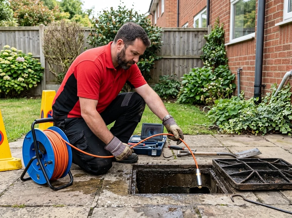 Battersea Plumbers 247 engineer using a CCTV drain camera to inspect a blocked drain in Battersea