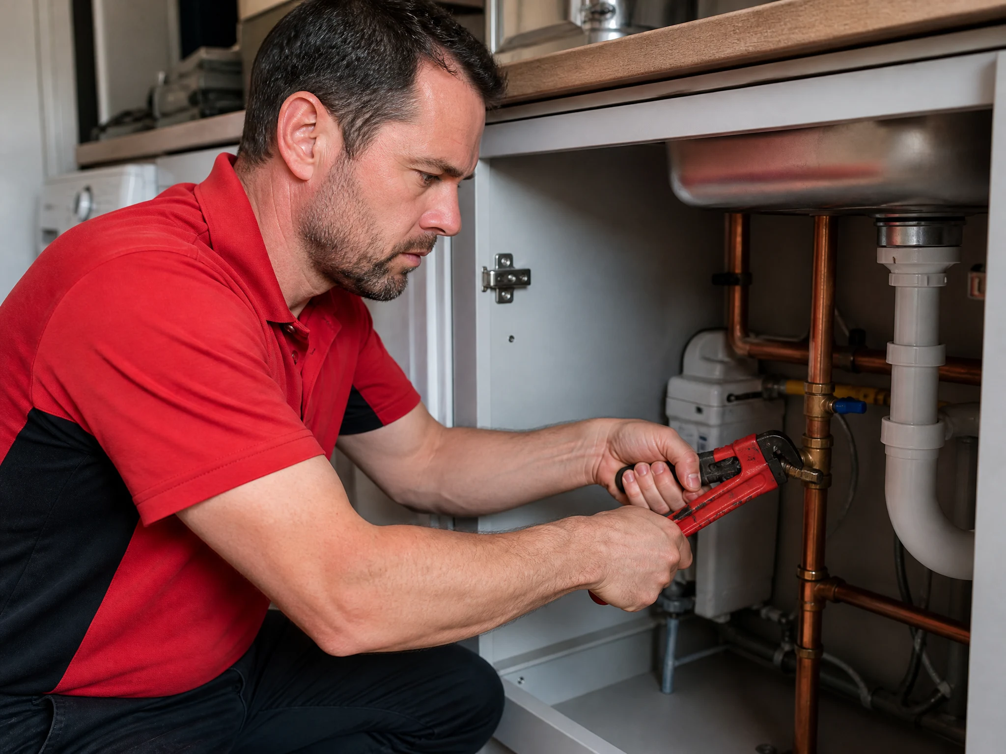 Battersea Plumbers 247 engineer tightening a stopcock under a sink during an emergency plumbing repair in Battersea